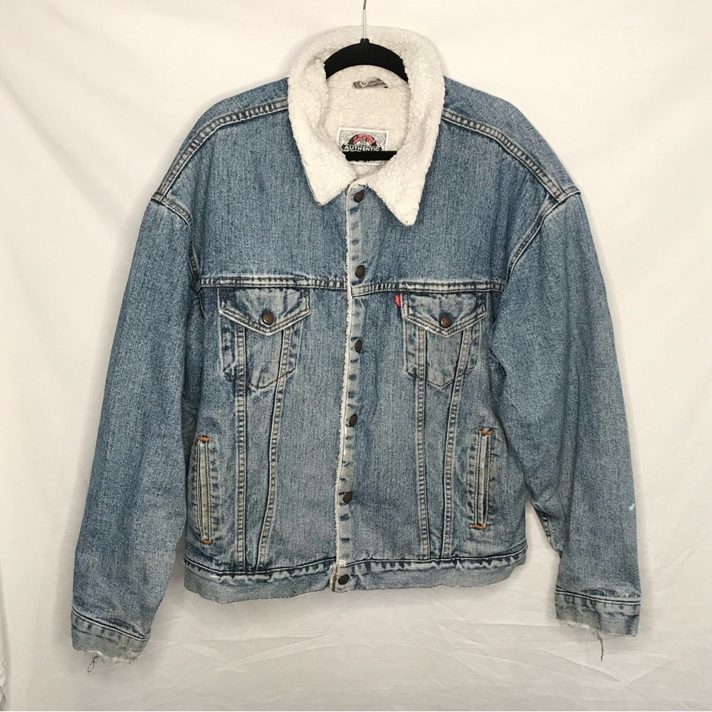 Vintage 80s 90s Levis Jean Denim Trucker Jacket Sherpa Lined XL USA Distressed